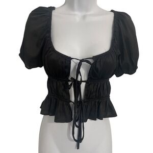 Forever 21 Black‎ Puff-Sleeve Crop Top With Front Tie Sz Small Whimsigoth Witchy